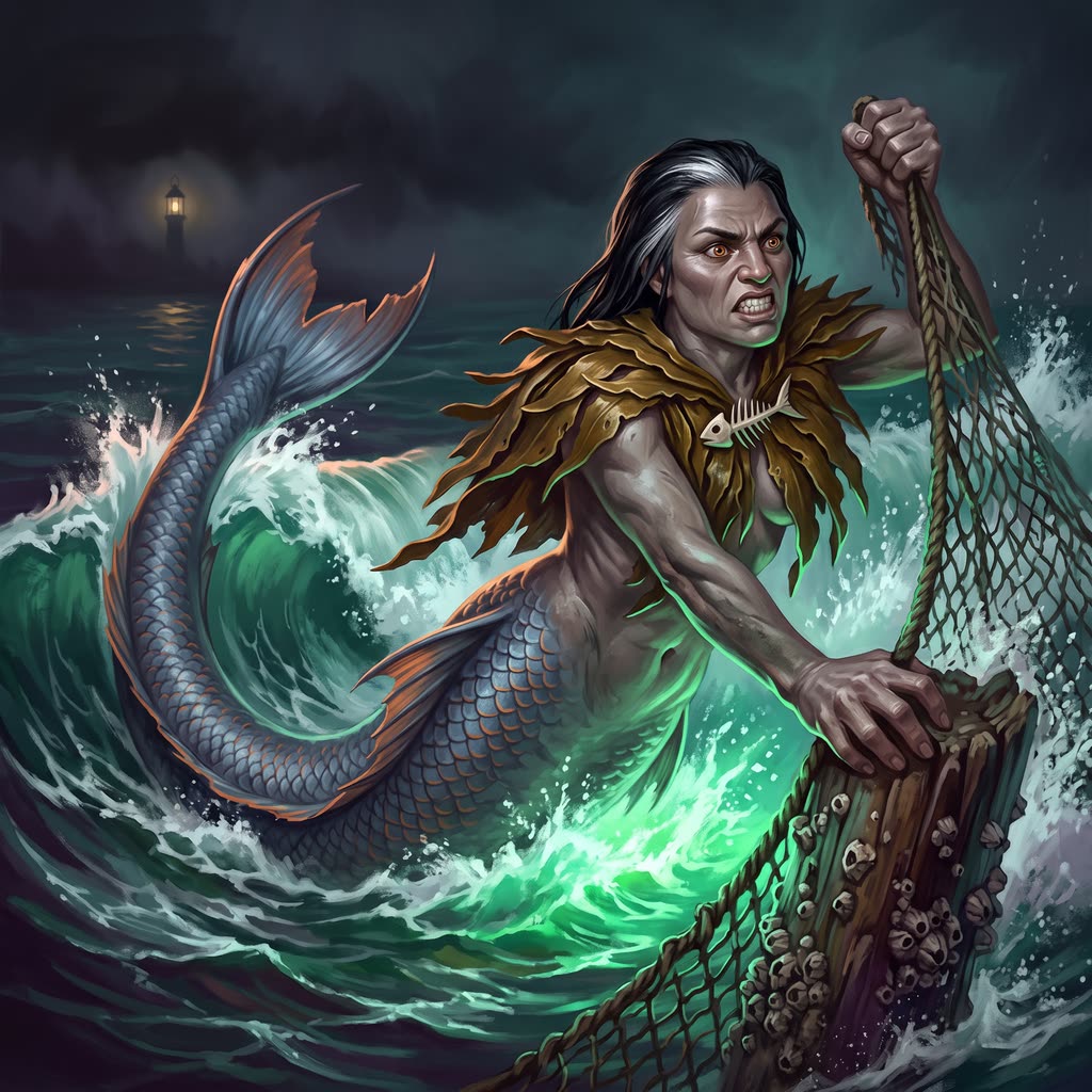 A mermaid in a kelp cape surges from a breaking wave, snarling.