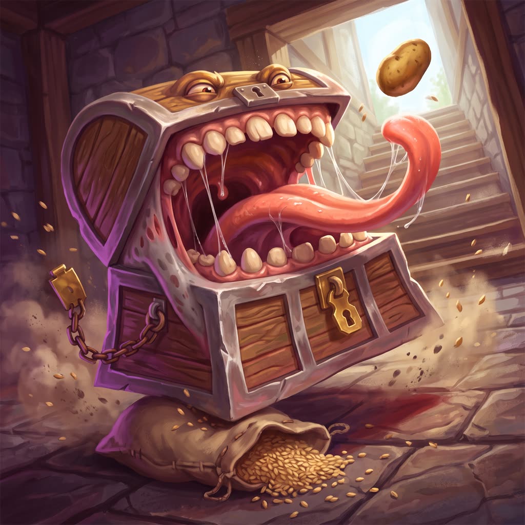 A chest-shaped mimic with an open lid lunges upward in a sunlit cellar, its coral tongue whipping toward a thrown potato.
