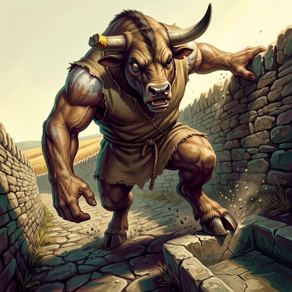 A bull-headed minotaur in a sacking tunic rises behind a stone lane wall in harsh noon sun, one hand on the wall top.