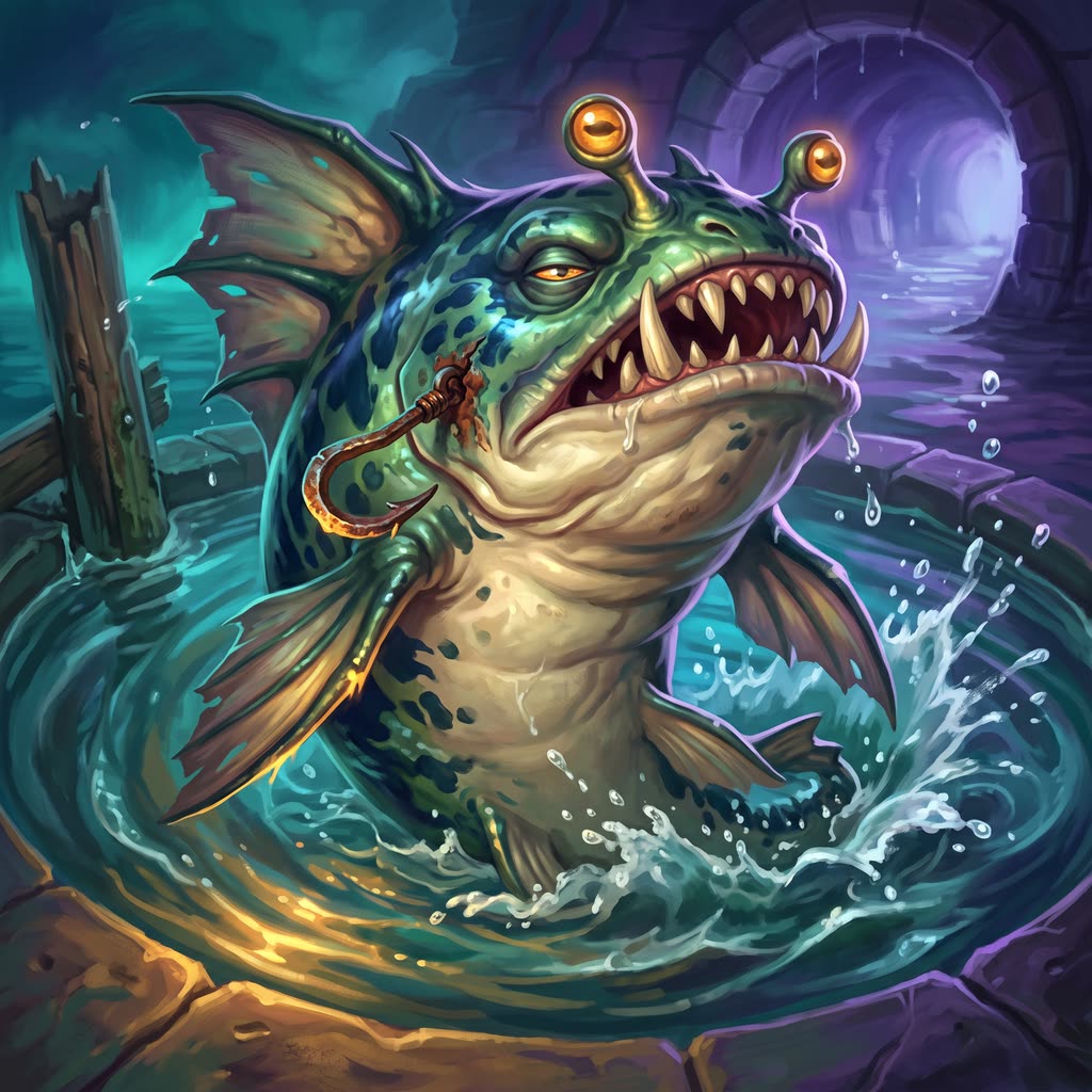 A bottle-green morkoth surges from a spinning tidal pool, fins flared and jaws opening.