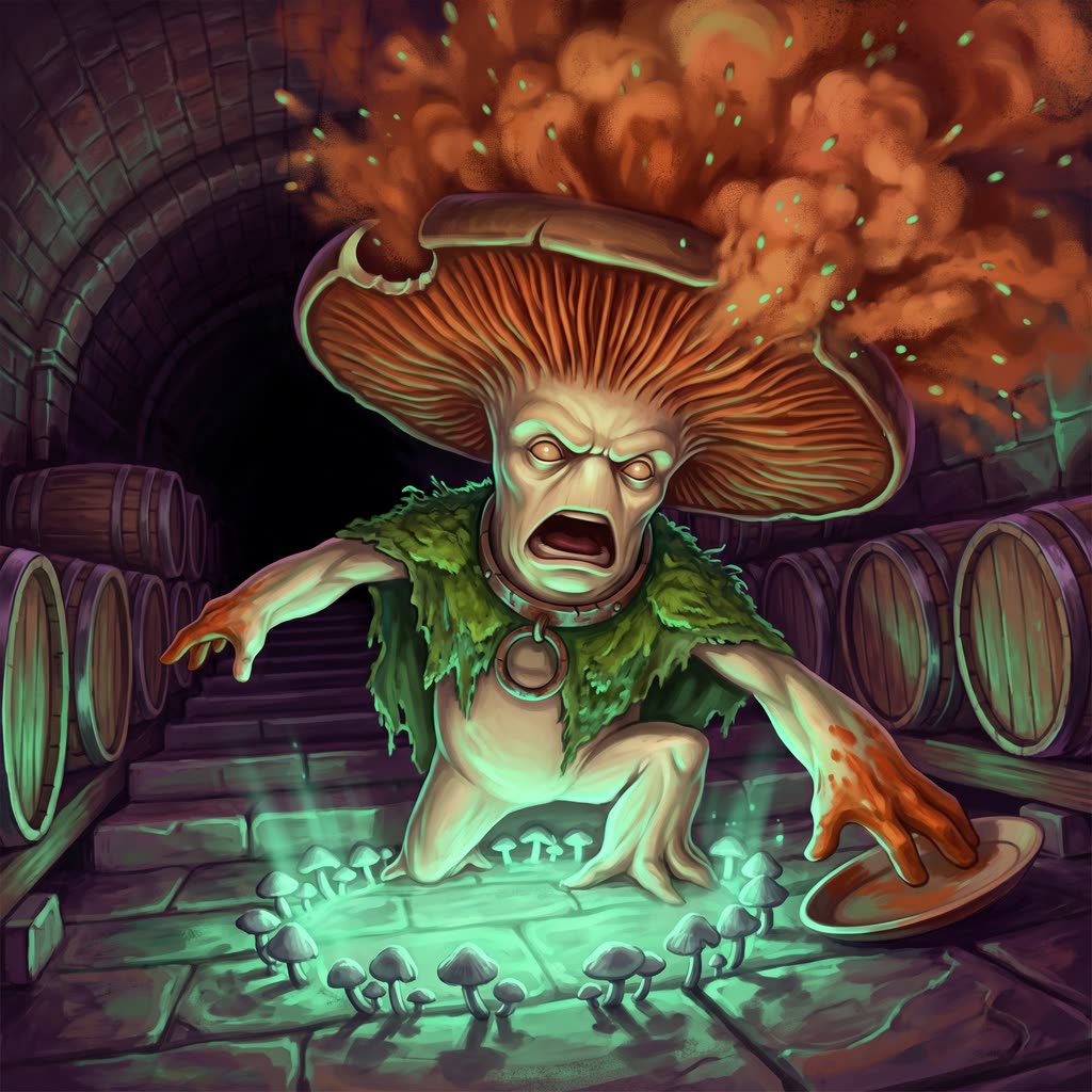 A stooped, tallow-skinned myconid with a notched umber cap rises from a crouch in a dark brick cellar.