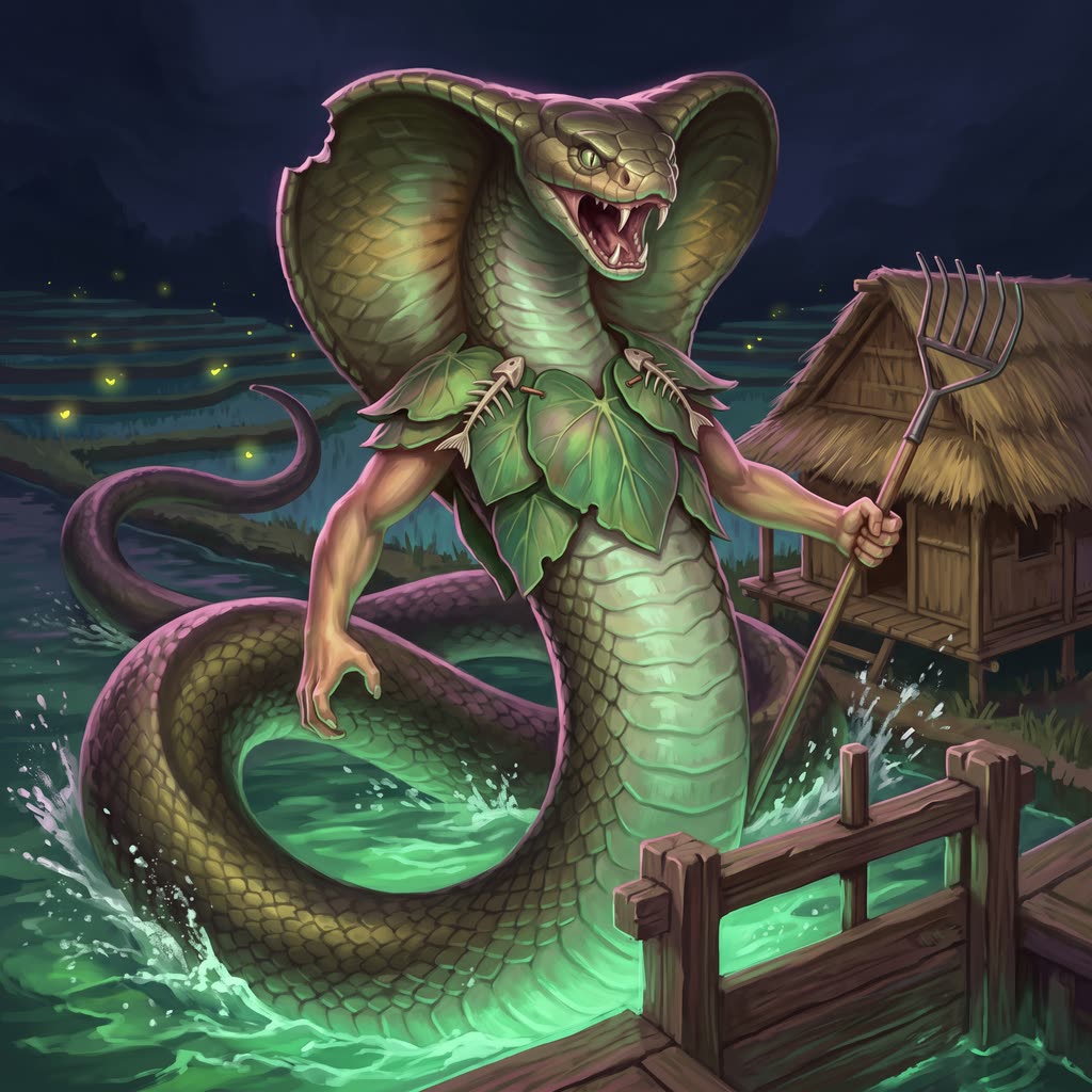 A forty-foot naga rears out of a dark irrigation channel with its olive-black hood flared, snarling and gripping a bent rake.