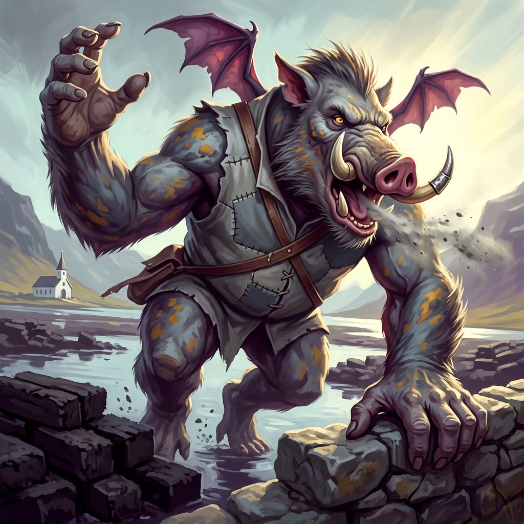 A boar-headed gray fiend in a patched sailcloth coat lunges from a flooded peat cutting, wings snapping open.