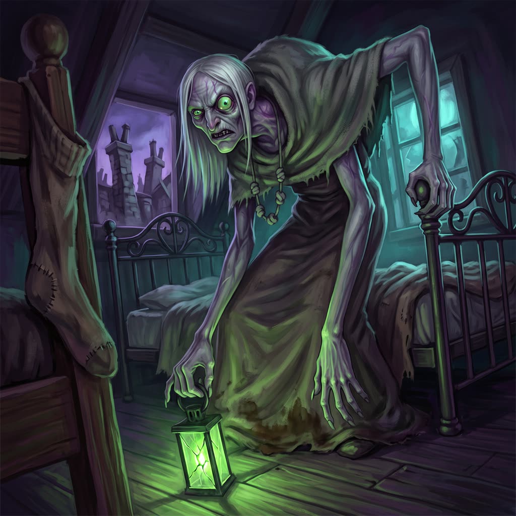 A gaunt gray night hag with unblinking acid-green eyes rises from a crouch at the foot of an empty iron bed.