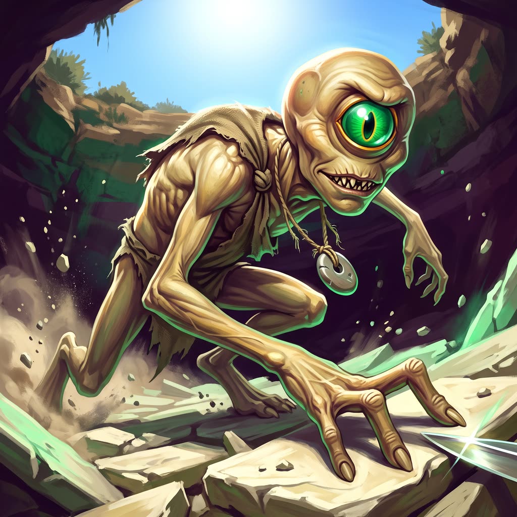 A gaunt, yellow-gray one-eyed nothic lunges across overturned limestone slabs in harsh noon sun.