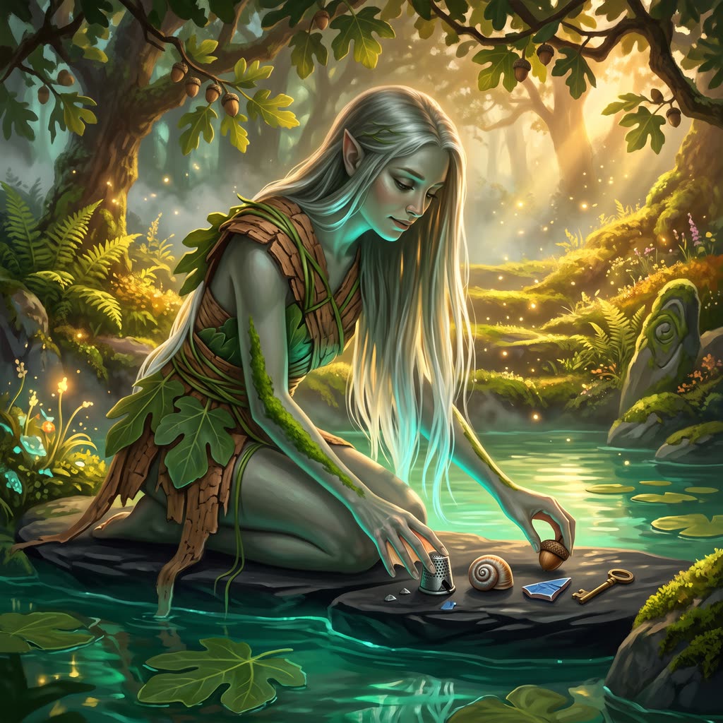 A graceful green-gray nymph kneels on a black stone in a clear spring pool, setting an acorn cap among her small treasures.