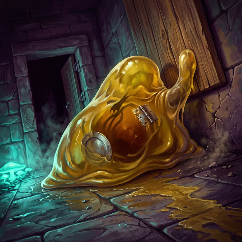 A mustard-yellow ochre jelly, glowing teal from below, rises up a cellar wall toward a hanging oak door.