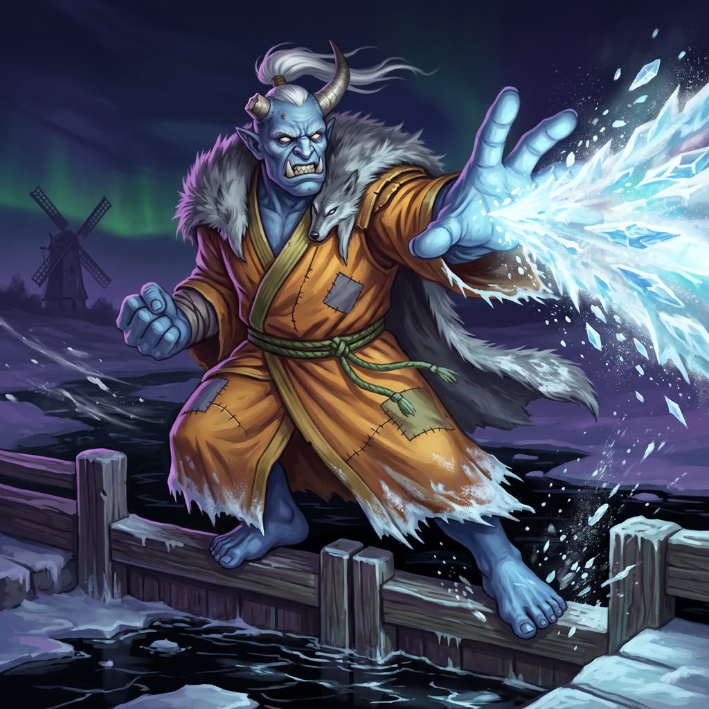 A blue-skinned ogre mage in a saffron robe and wolf hide rises off a timber lock beam.