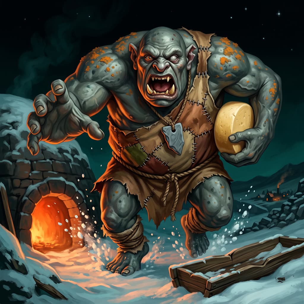 A nine-foot gray-green ogre in a patched pigskin poncho lunges down off a glowing charcoal kiln toward the viewer, snarling.