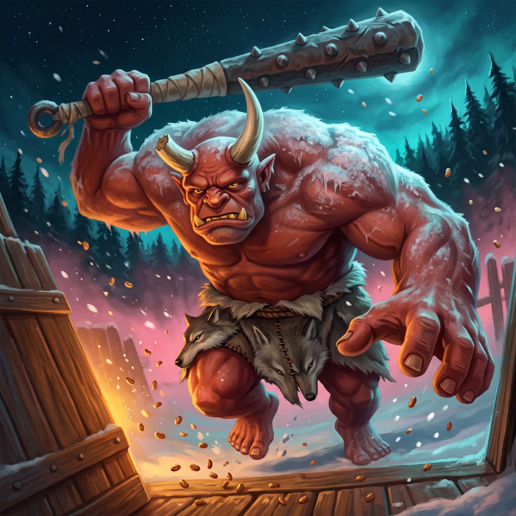 A nine-foot red oni with curved horns and a wolf-pelt kilt lunges with a raised club at a snowy farm gate as roasted beans.