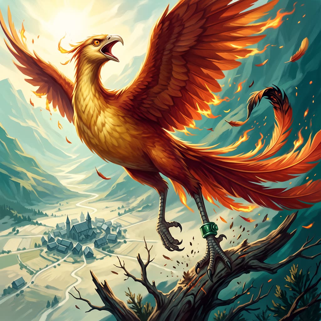 A gold and vermilion phoenix with a green glass cuff on its left ankle launches from a dead juniper branch.