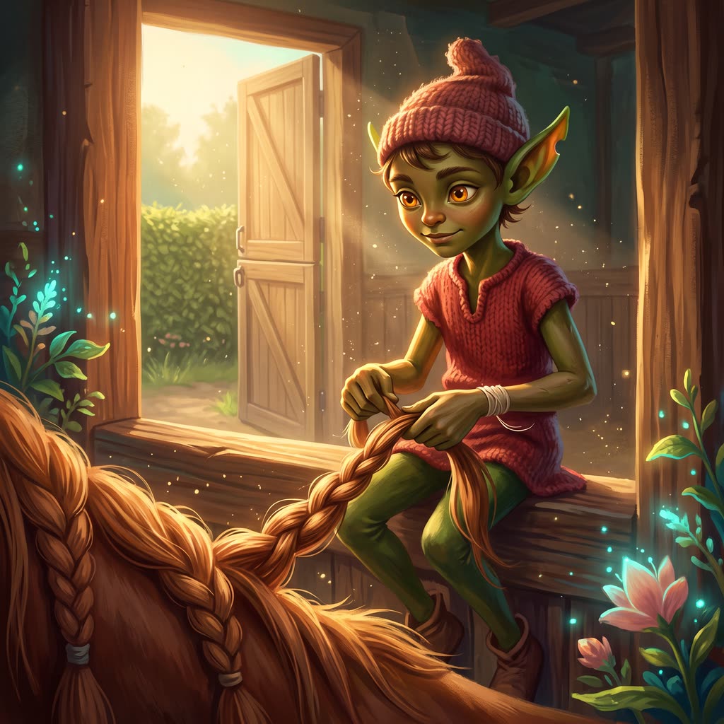 A nine-inch pixie in a mitten-thumb tunic and knitted bootee hat plaits a chestnut horse's mane in a sunlit stable.