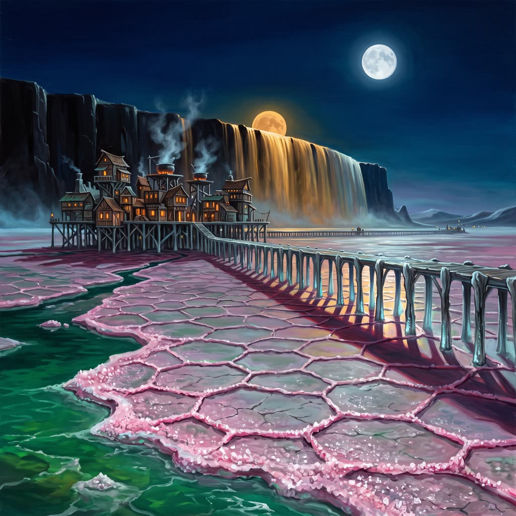 A flat salt plain at night with a stilted causeway town and a glowing sea spilling over a black basalt wall under two moons.