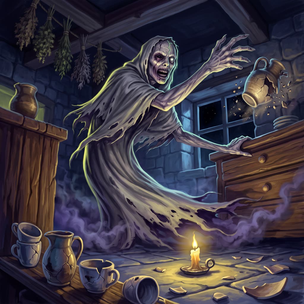 A gaunt gray poltergeist in a tattered shroud rises from the floor of a candlelit stone kitchen.