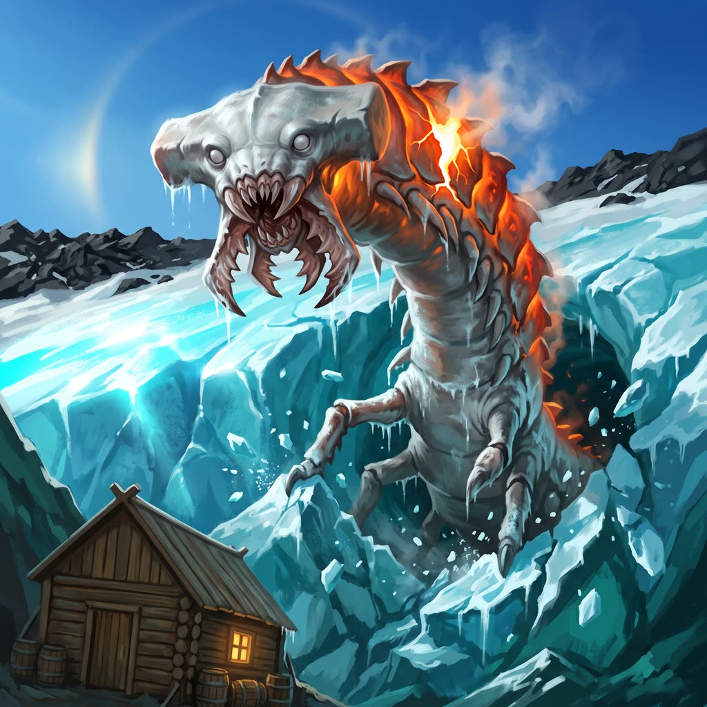 A forty-foot gray-white worm with a glowing orange ridge of plates rears out of a broken slab of blue glacier ice.
