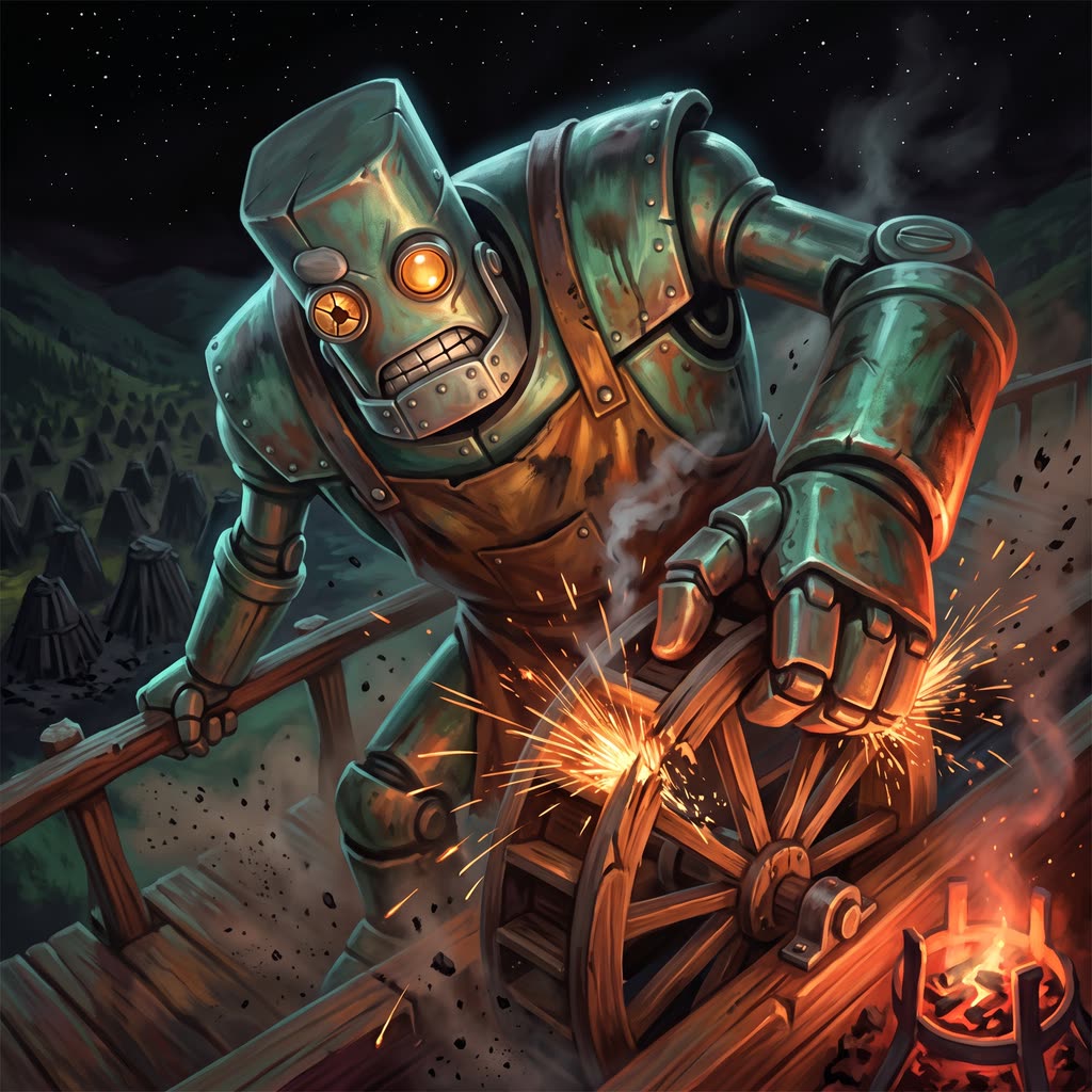 A hulking green-seamed iron robot with an oversized right hand wrenches a stuck sluice gate wheel, sparks flying.
