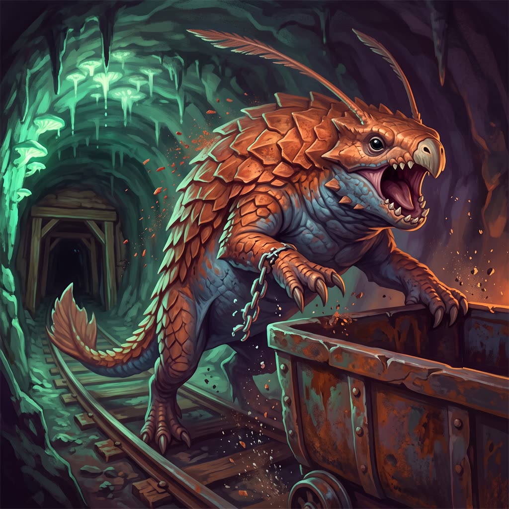 A hog-sized, orange-plated rust monster rears onto a rusted ore cart in a dark mine gallery.