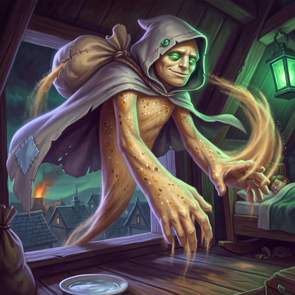 A pale sand-bodied Sandman in a gray sailcloth cloak leaps across an attic windowsill.