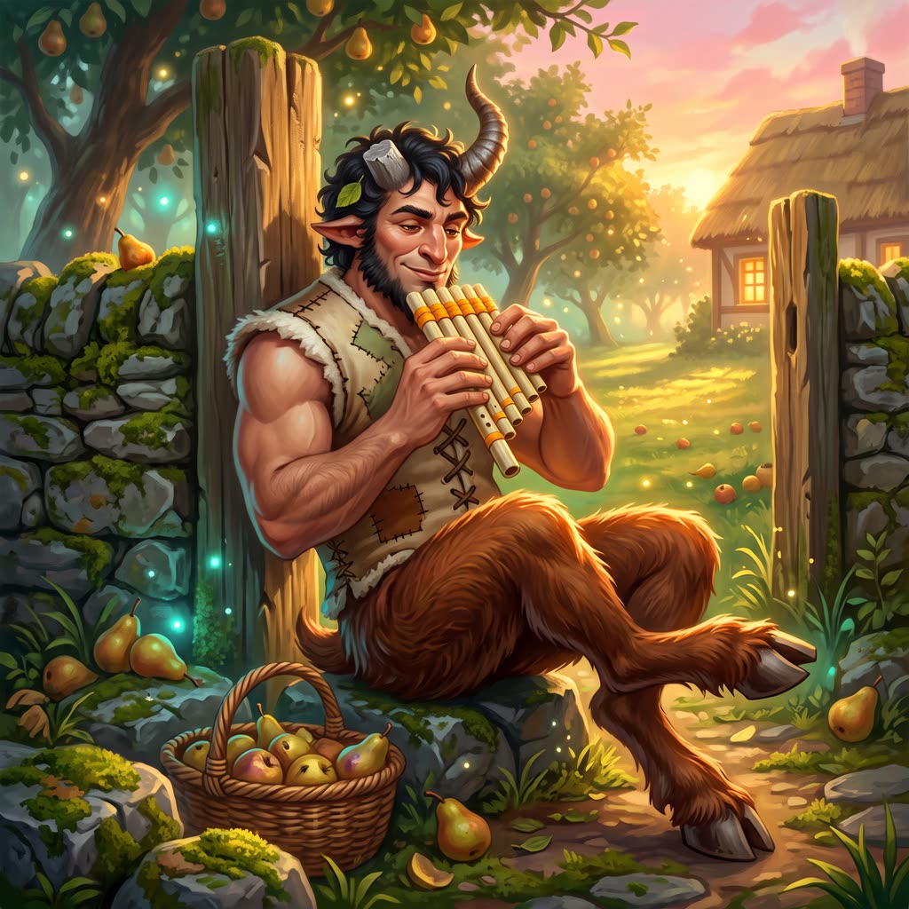A goat-legged satyr in a patched sheepskin vest leans on a gatepost at sunset, playing reed pipes with a contented smile.
