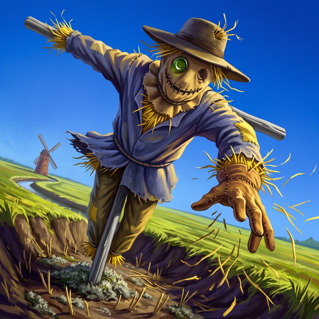 A seven-foot scarecrow in a faded indigo smock looms over the camera from its ash pole.