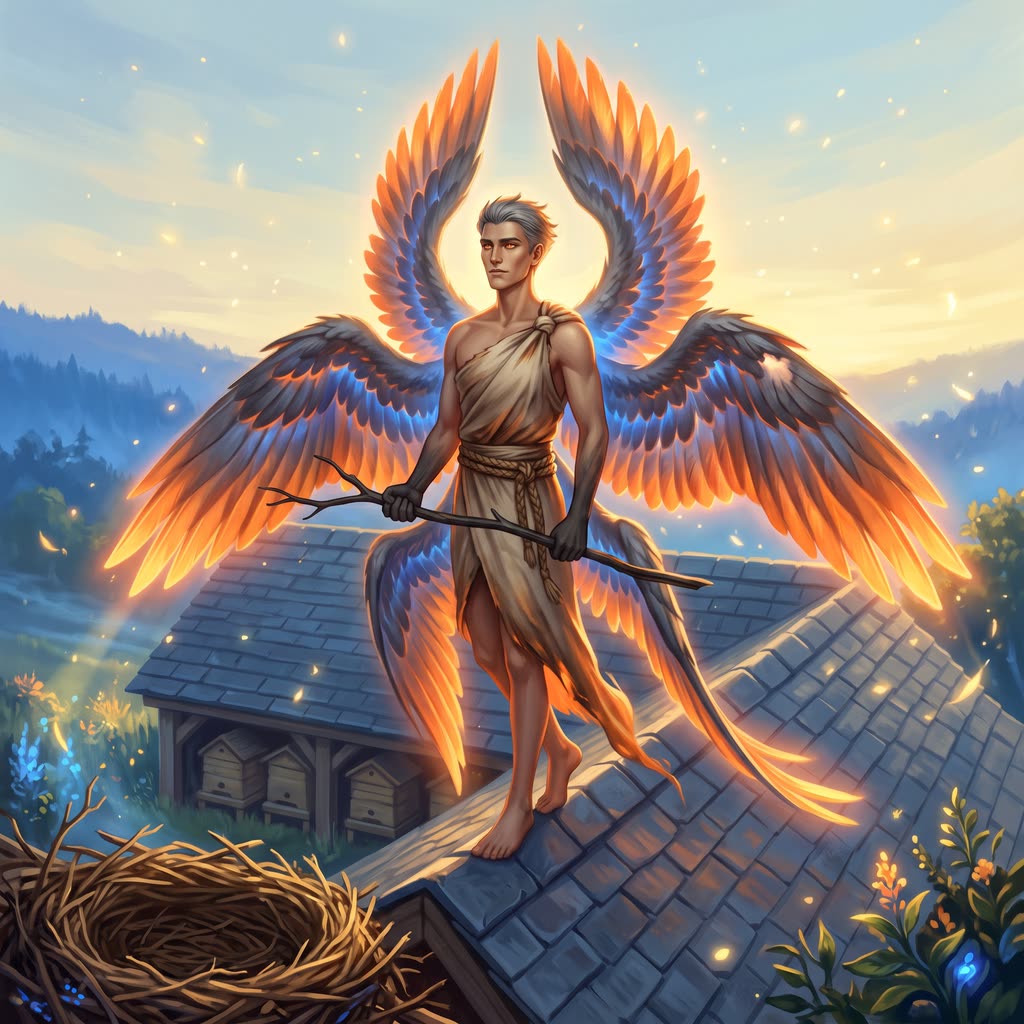 A nine-foot six-winged seraph stands on a slate barn ridge at golden hour, carrying a magpie's stick across the roof.