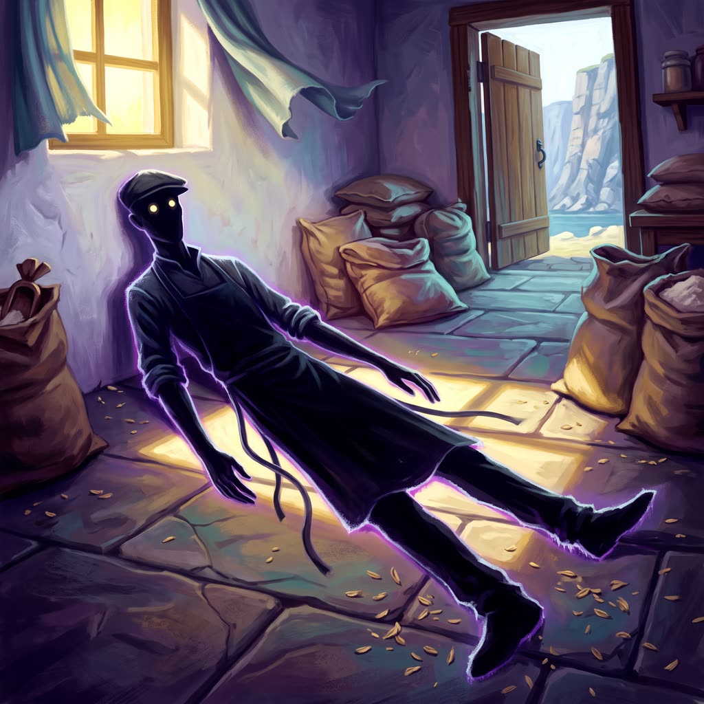 A tall man-shaped black shadow with arms at its sides rises from a sunlit bakery floor onto a whitewashed wall.