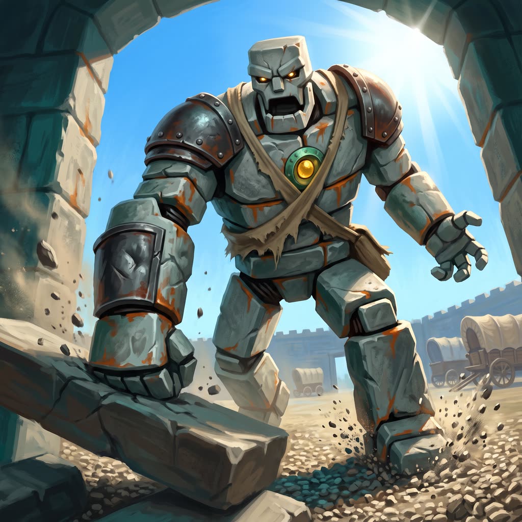 A granite and iron guardian lunges forward in a sunlit gravel yard, its raised left forearm stopping a falling stone lintel.
