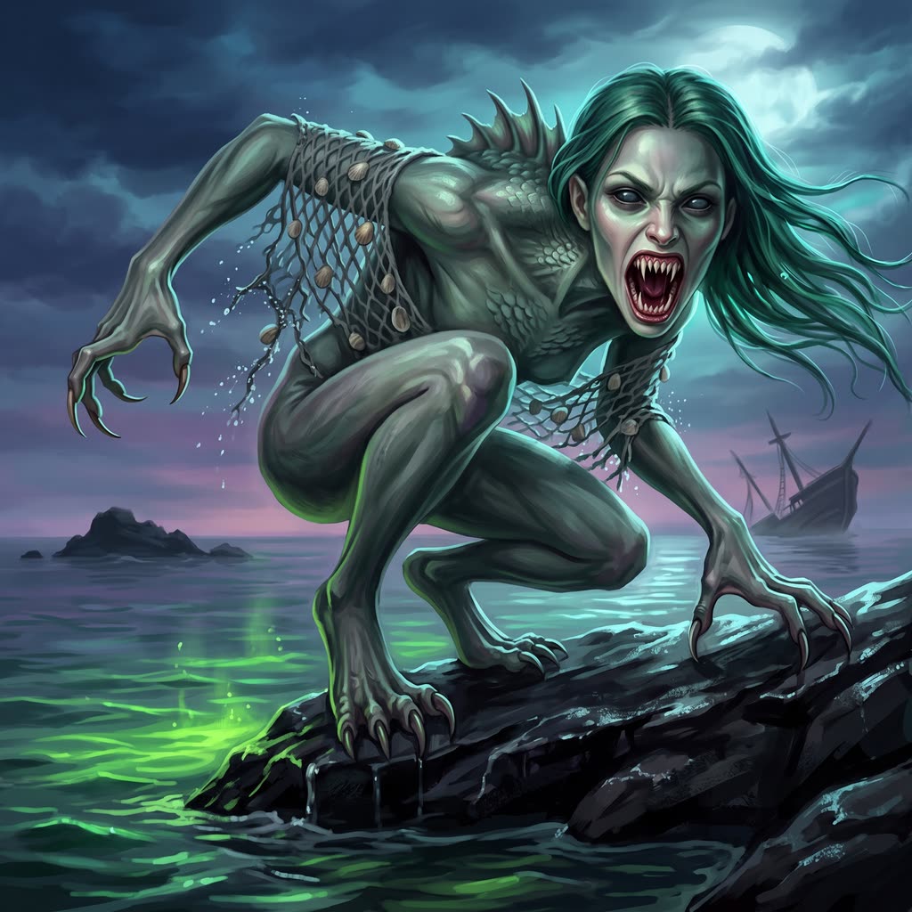 A gray-green, fanged siren with a woman's face crouches on a black sea rock at dusk, claws gripping the stone.
