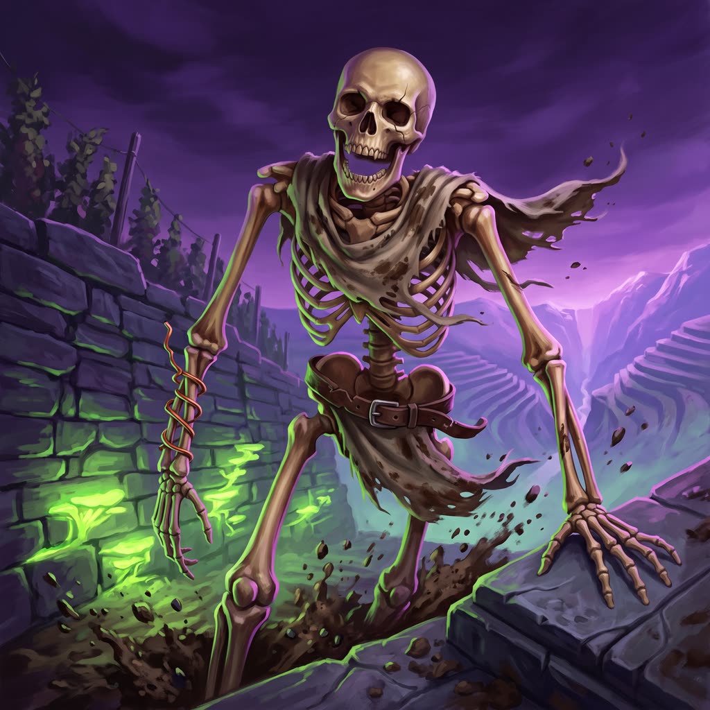 A tea-colored skeleton with a copper-wired left forearm hauls itself out of a heaved grave on a vineyard terrace.