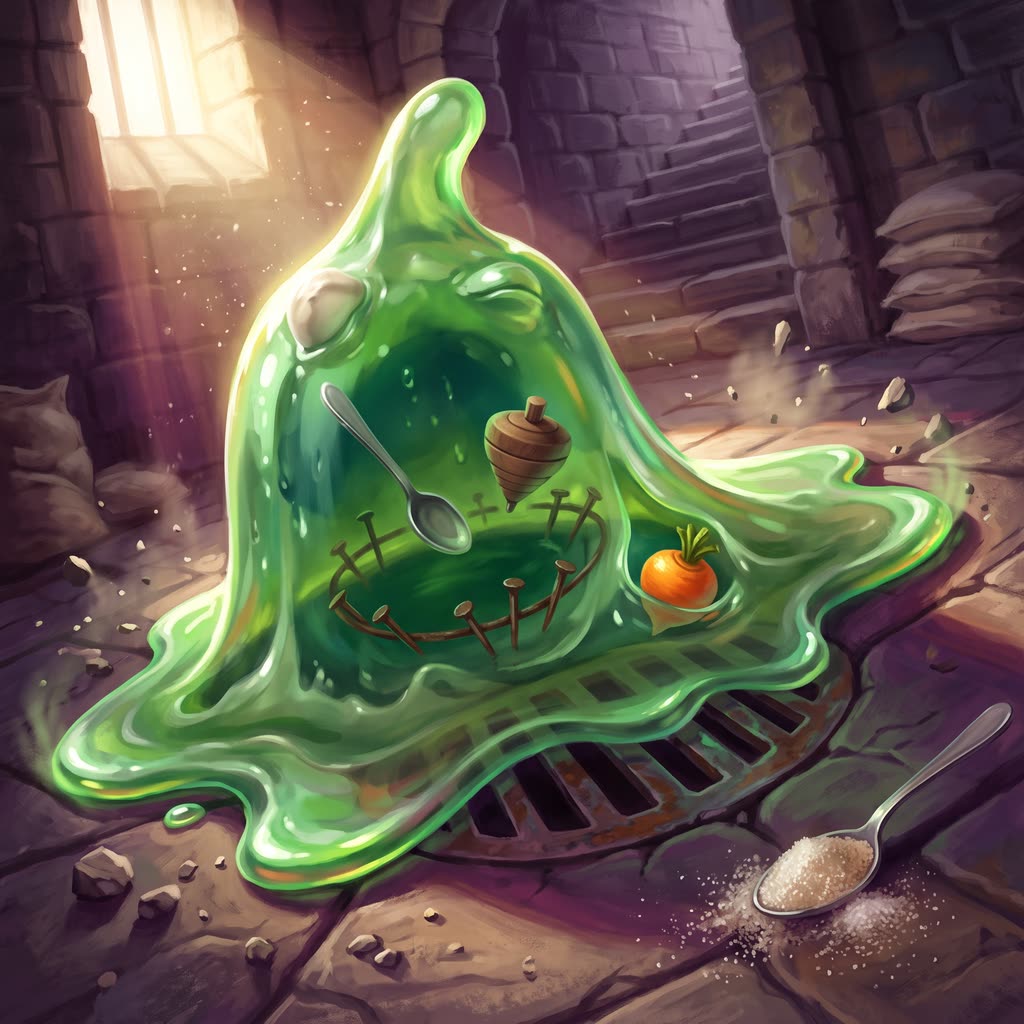 A translucent green slime rears up over an iron drain grate in a sunlit cellar.