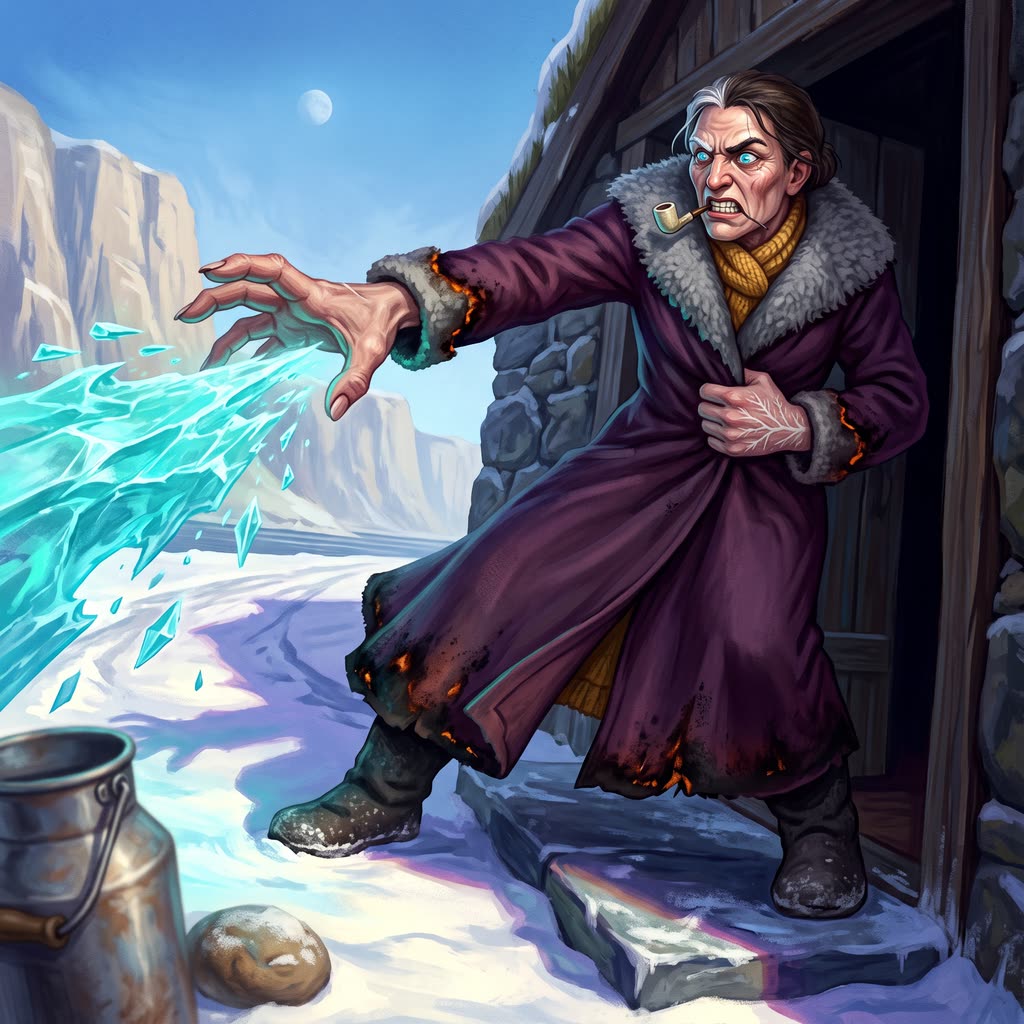 A tall woman sorcerer in an aubergine coat hurls a sheet of turquoise ice from a turf-roofed doorway across a bright snowy.