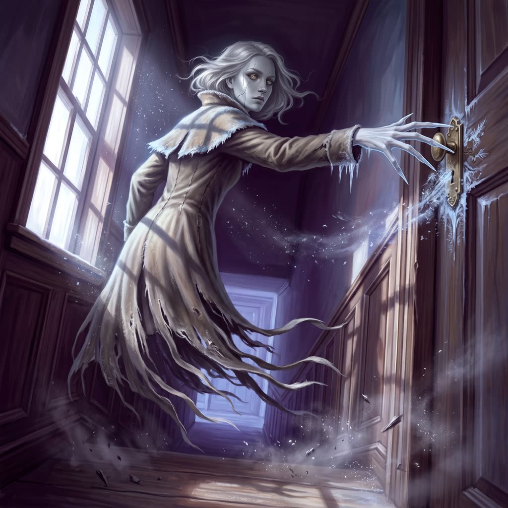 A tall gray specter in a frayed wool coat reaches toward a brass door latch on an inn landing as frost spreads across.