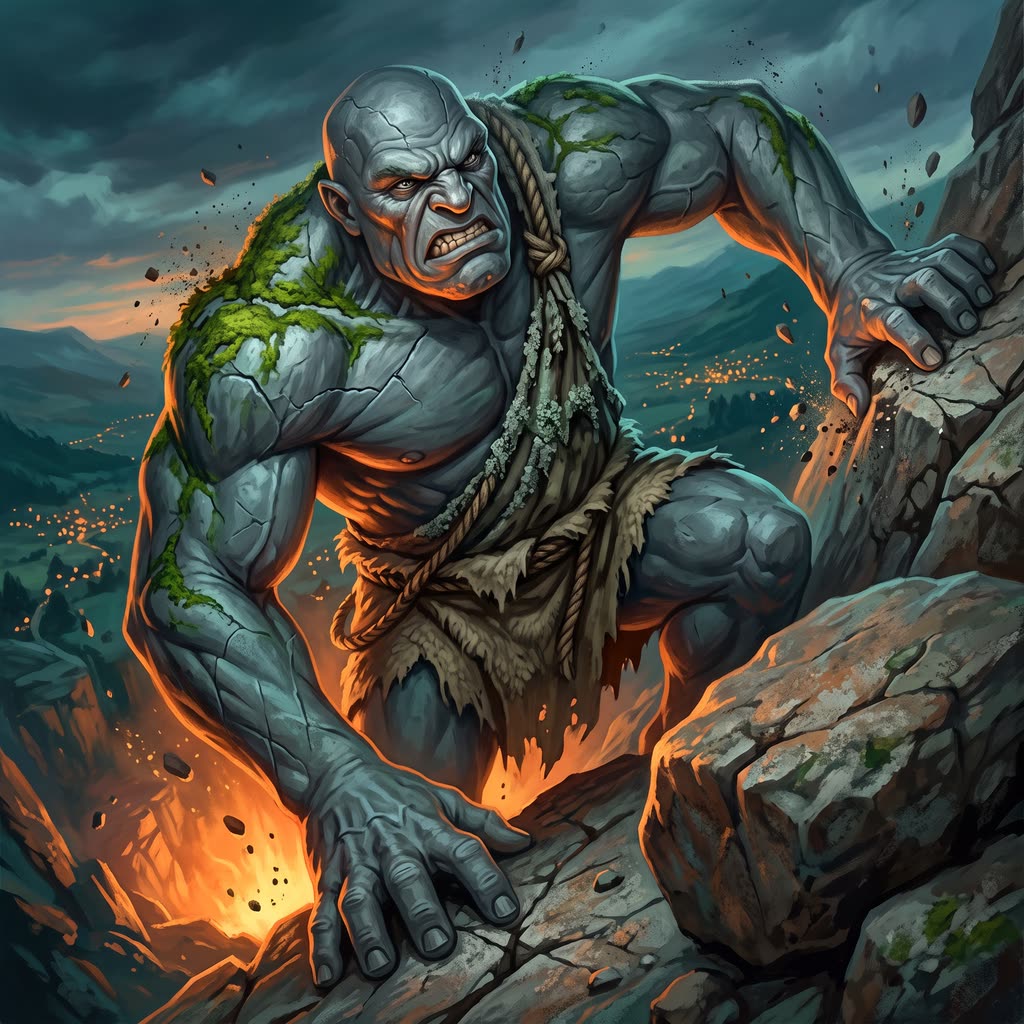 A slate-gray stone giant rears up on a granite ridge, scraping its wrist on a boulder in orange light from below.