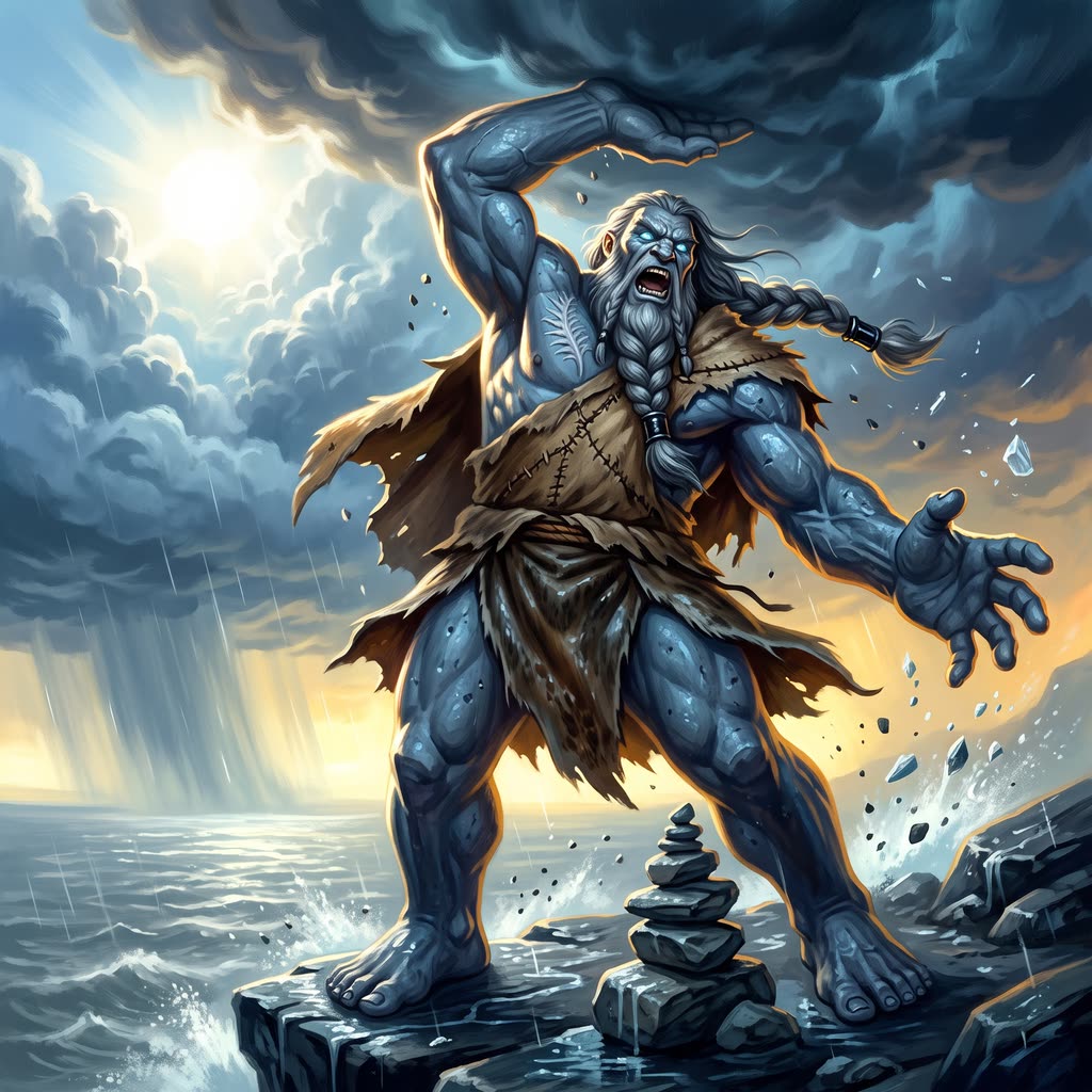 A fourteen-foot slate-blue storm giant in a sealskin kilt and goat-hide cloak roars and slams his palm into a thunderhead.