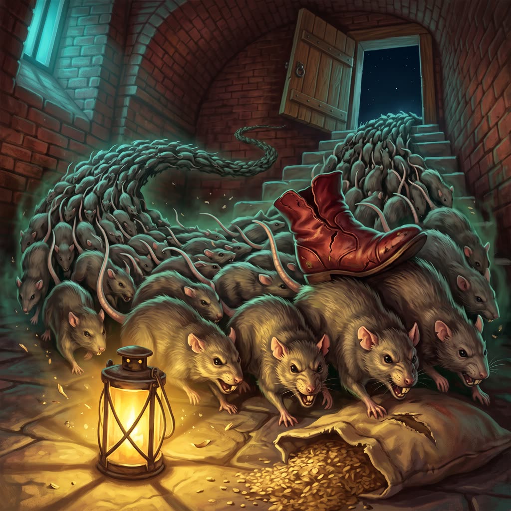 A dark river of brown rats surging up stone cellar steps toward a lantern, a cracked oxblood boot riding on their backs