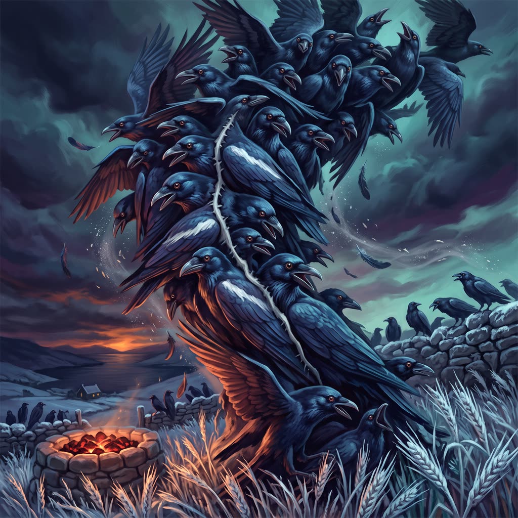 A tall column of ravens leans over a frosted barley field at night, copper eyes lit from below by red coals.