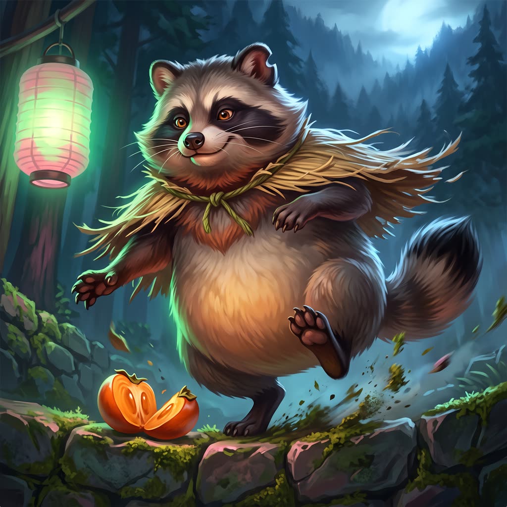 A barrel-bellied tanuki in a straw rain cape leaps up on its hind legs.
