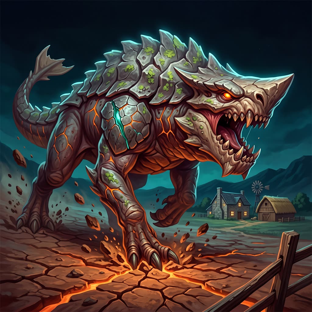 A barn-sized armored Tarrasque with glowing orange eyes bursts from cracked clay toward a distant farmstead.