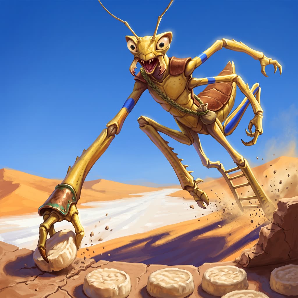 A tall yellow thri-kreen with a rust saddle and cobalt forelegs lunges across a clay sill in hard desert sun.