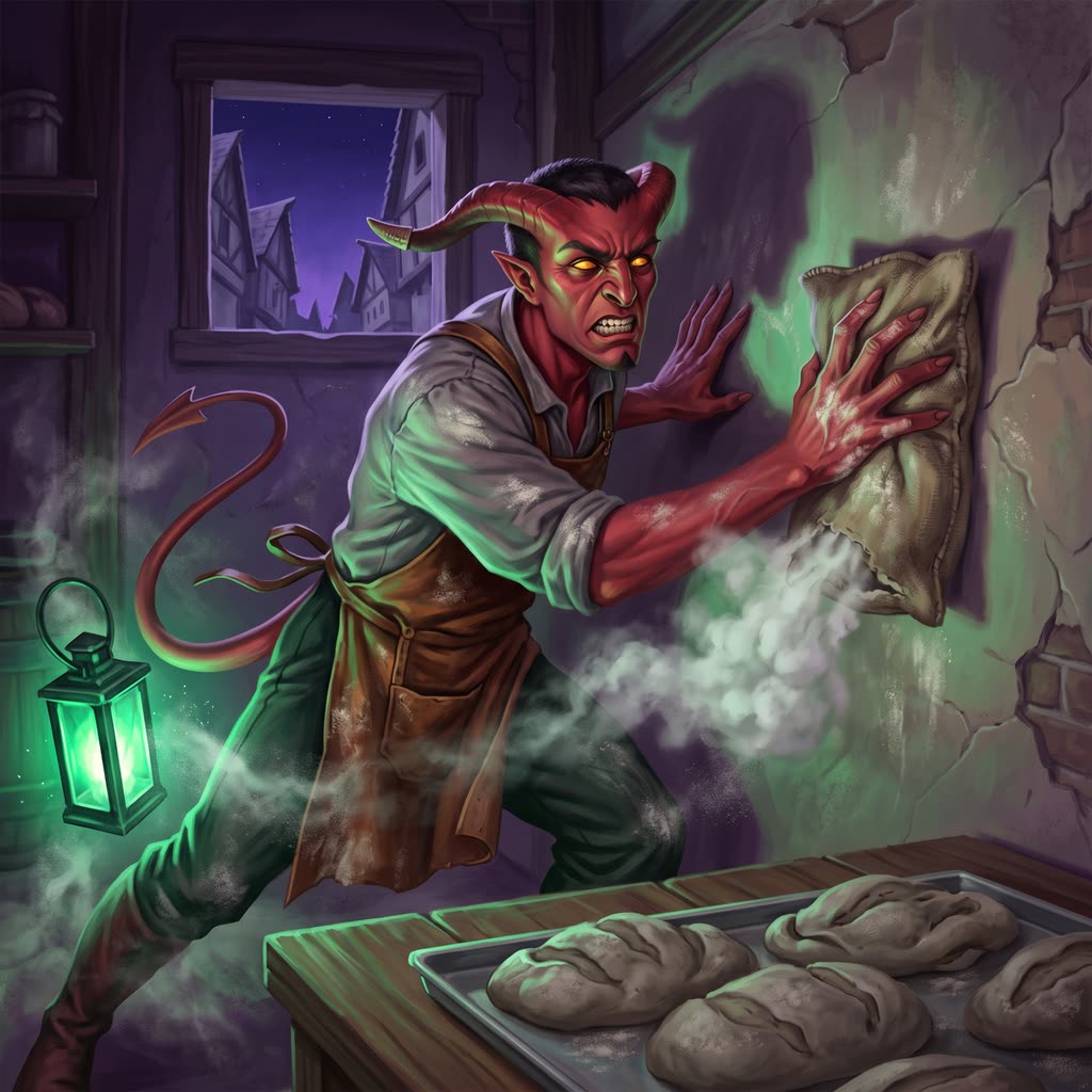 A crimson-skinned tiefling with swept-back horns lunges at a plaster wall in a dark bakery.