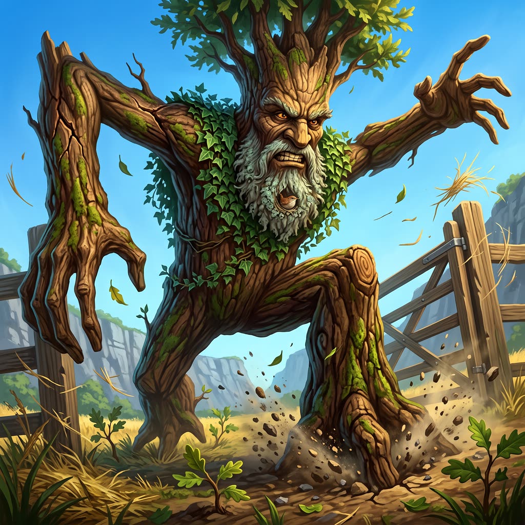 A twelve-foot oak treant with a lichen beard and ivy cloak rears up in a sunlit hay meadow.