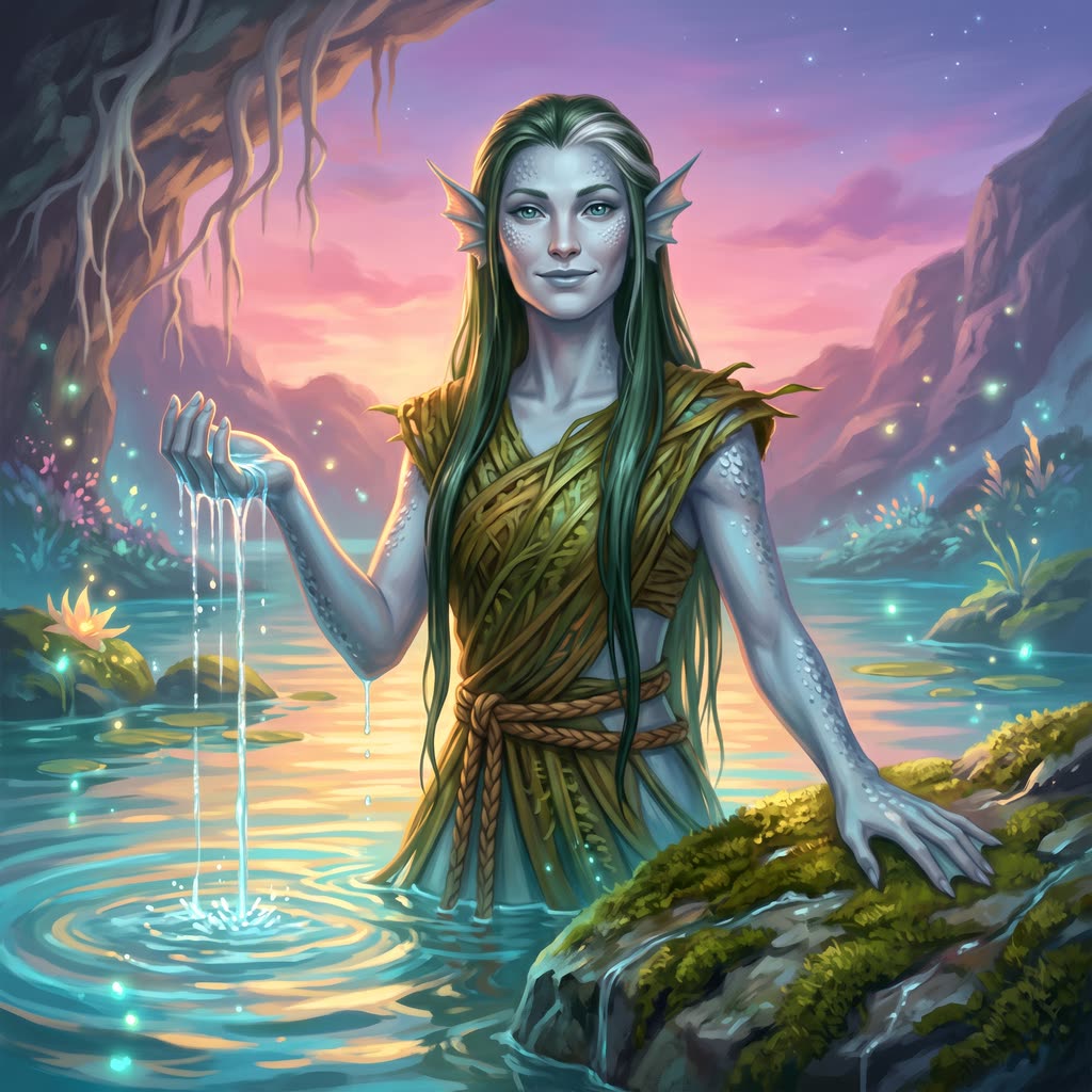 A serene blue-gray undine with green hair rises from a spring pool at dusk, water streaming from her cupped hand.