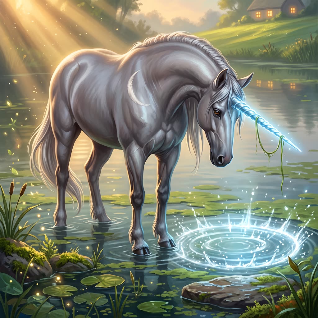 A dove-gray unicorn stands in a dawn pond, its glowing horn dipped in the water as clear water spreads through green scum.