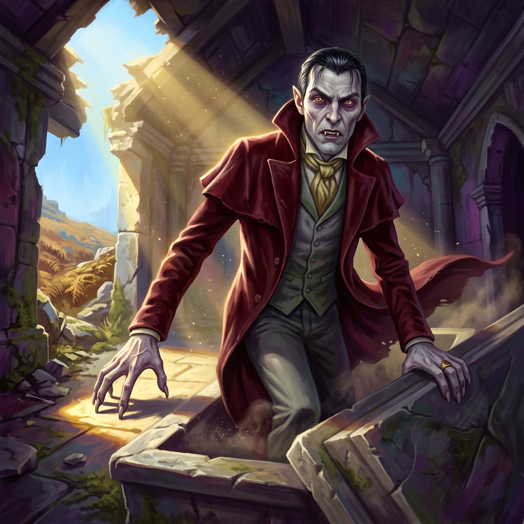 A gaunt vampire in a worn oxblood greatcoat rises from a split stone sarcophagus.
