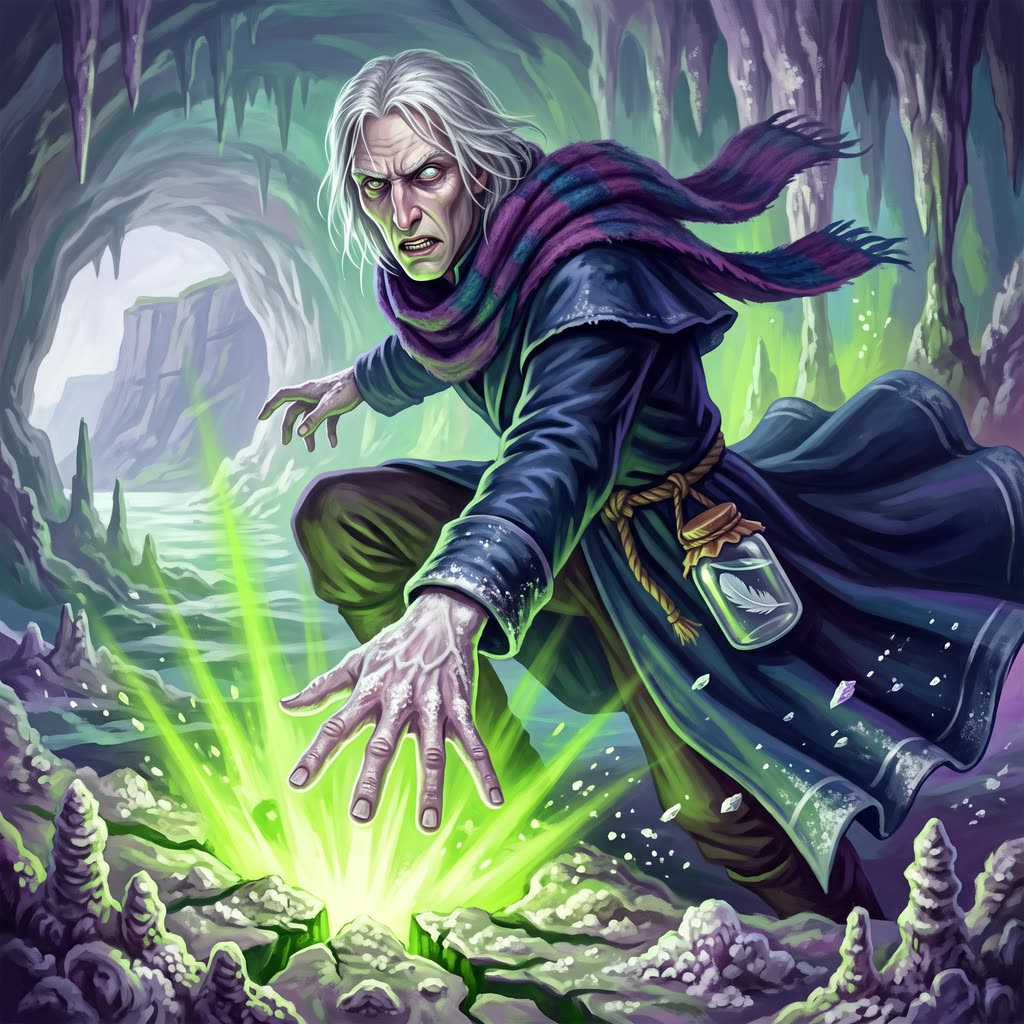 A gaunt white-haired warlock in a salt-streaked blue oilcloth coat rises from a crouch in a salt cave.