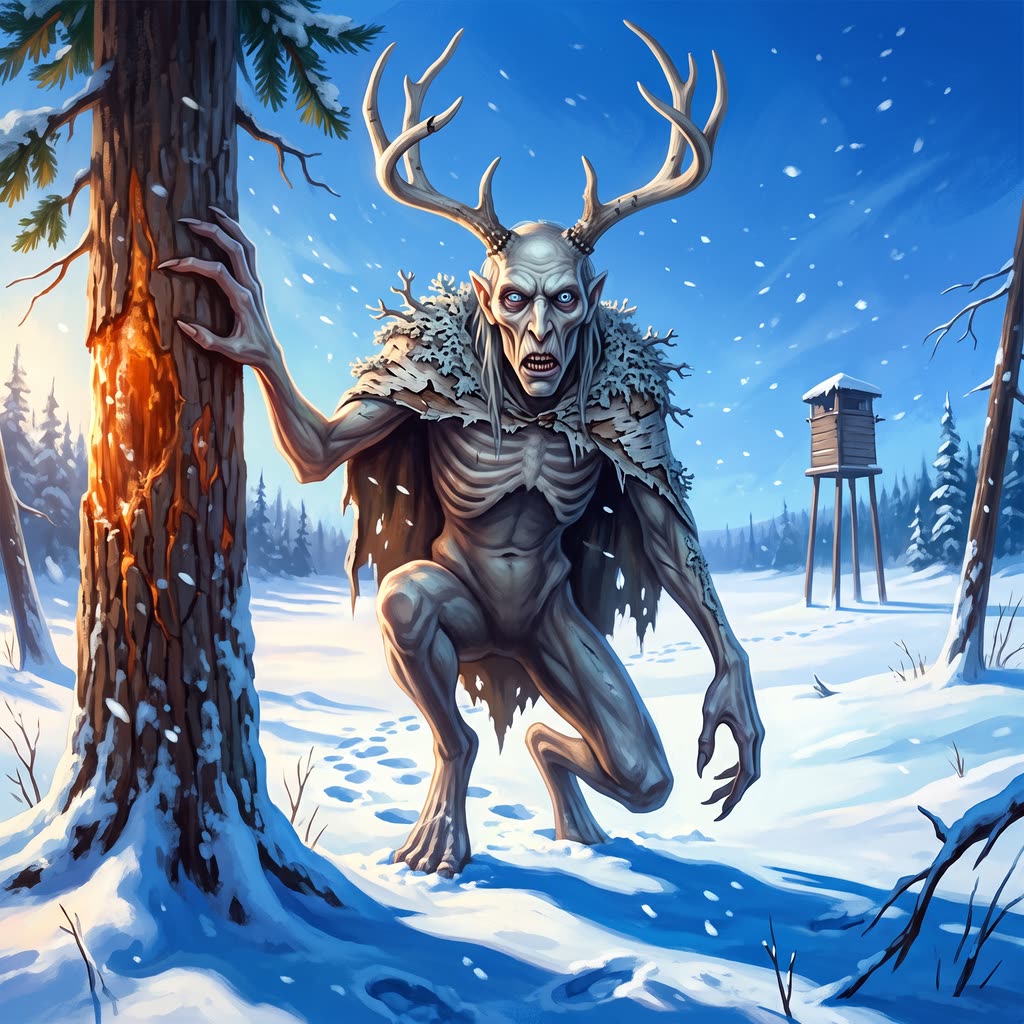 A gaunt, ten-foot antlered wendigo in a lichen cape rises from a crouch beside a resin-glazed spruce in bright winter sun.