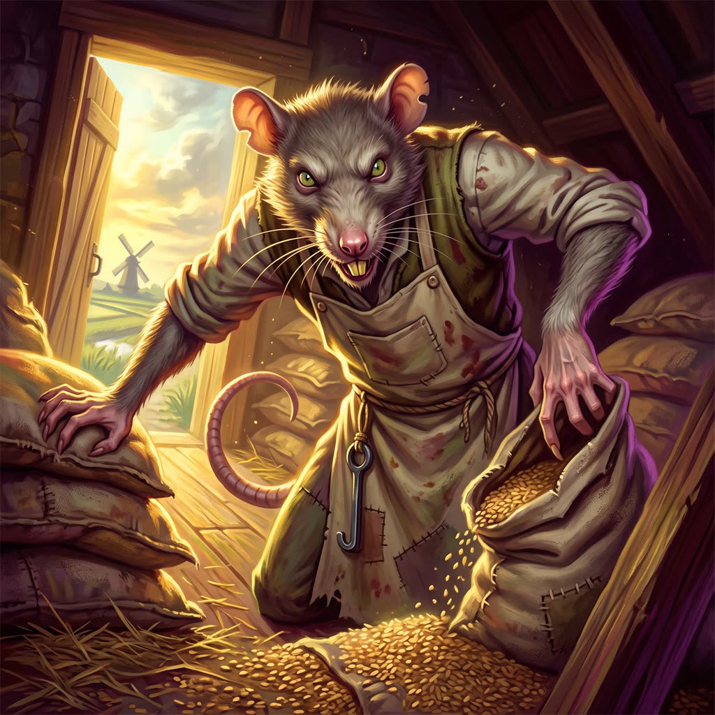 A hunched rat-headed figure in a canvas miller's apron rises from behind stacked grain sacks in a sunlit granary loft.