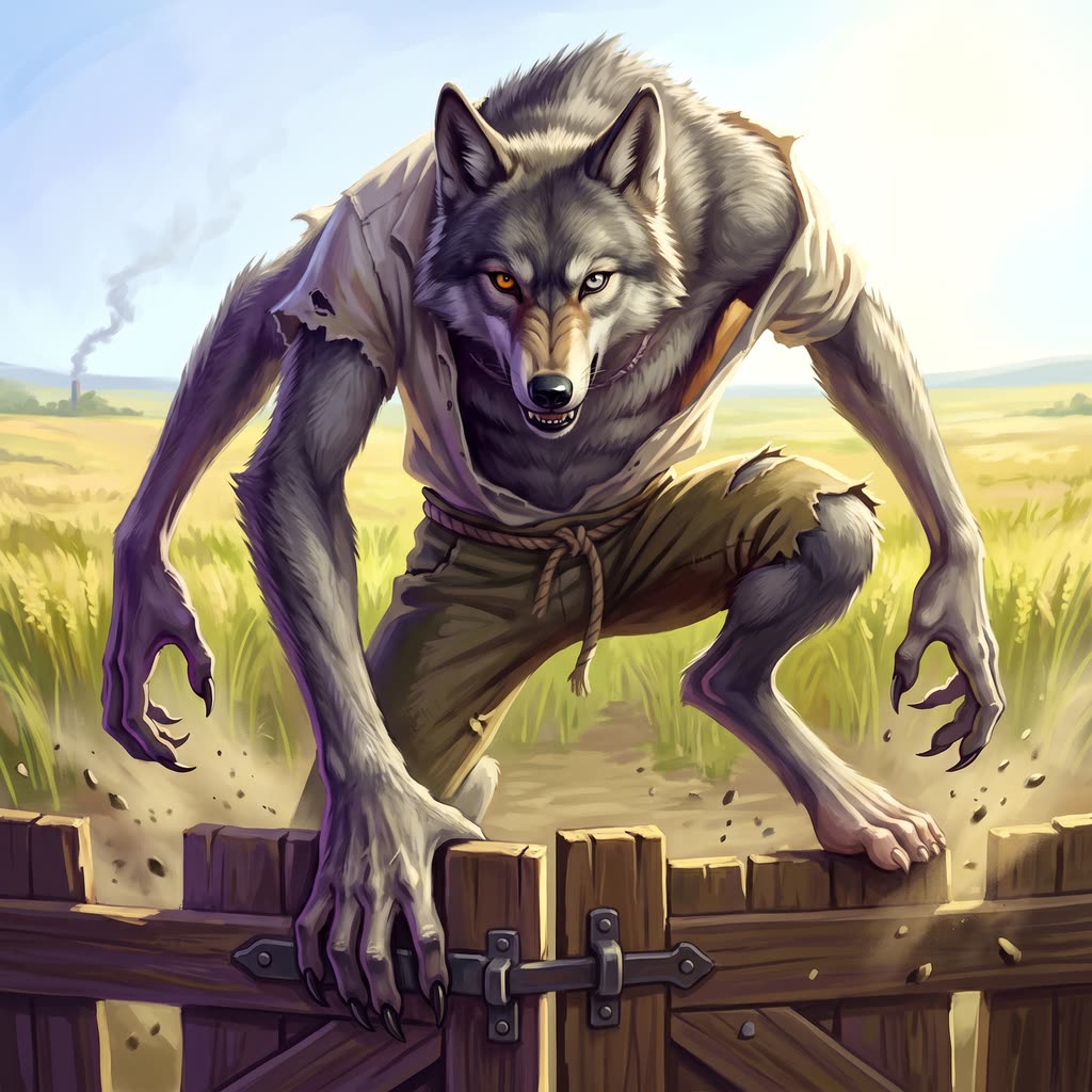 A gray wolf-headed creature with a man's torso rises from behind a farm gate in harsh noon sun.