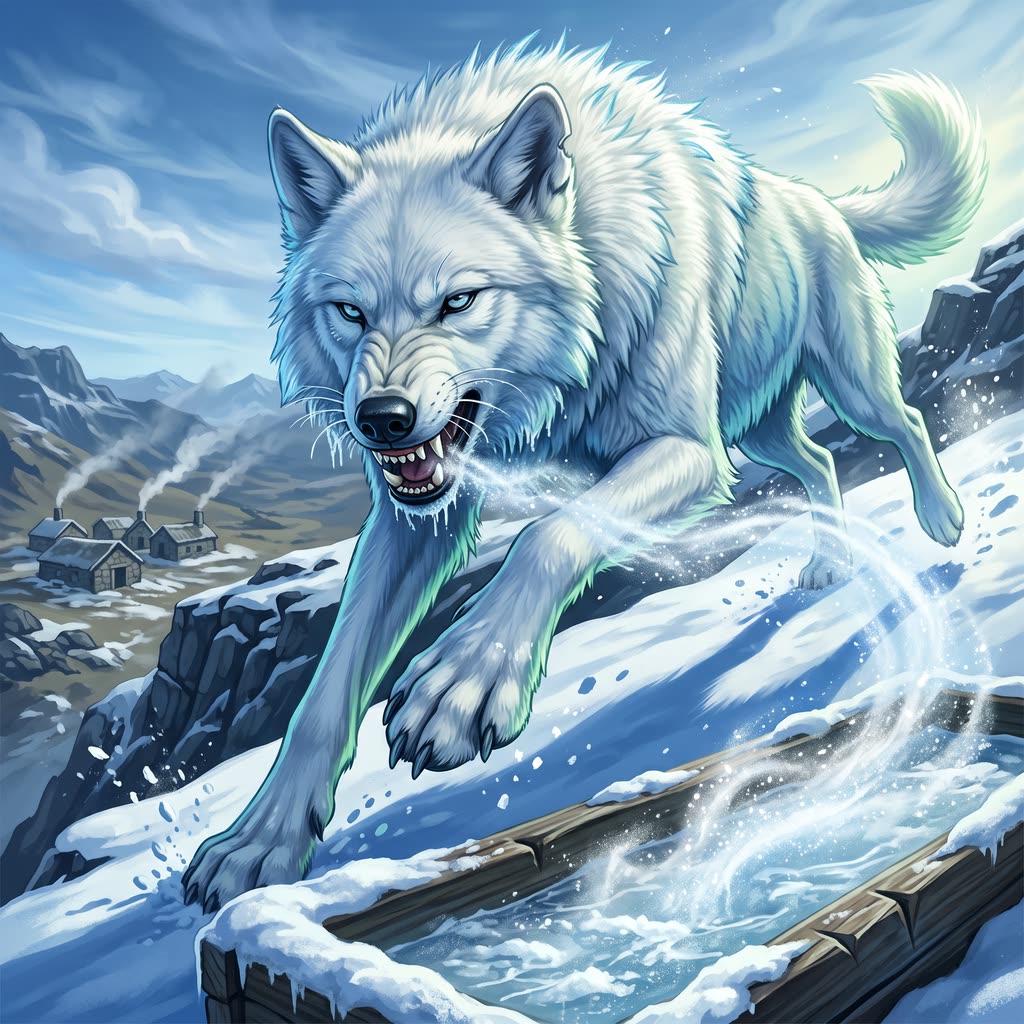 A white winter wolf lunges from a snowdrift toward a frozen trough.