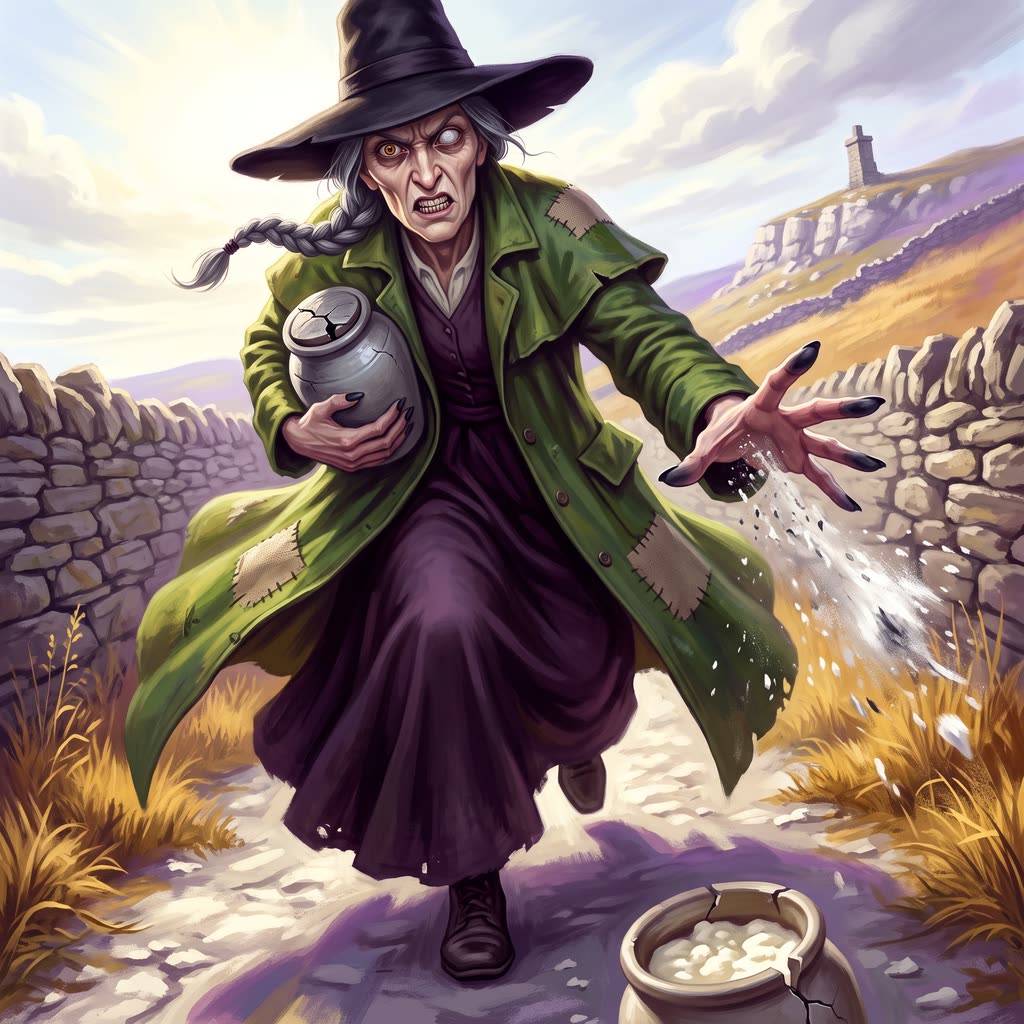 A gaunt witch in a patched green waxed coat and black felt hat lunges toward the viewer down a sunlit chalk lane.